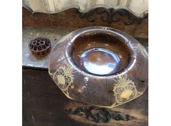 Amber Glass Dish And Flower Frog