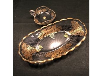 Floral Cup And Platter With Gold Rim