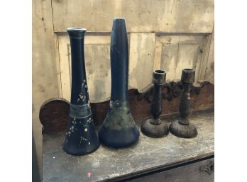 Primitive Wooden Candlestick Pair And Tall Art Glass Vases