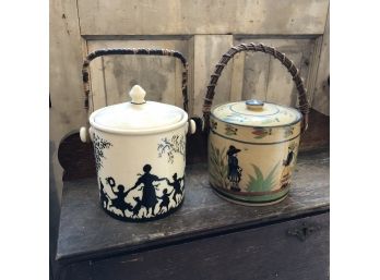 Set Of Two Ceramic Buckets With Lids And Handpainted Art