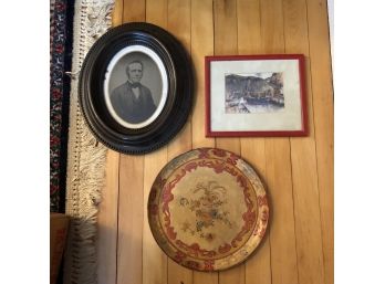 Antique Round Tray And Two Framed Prints