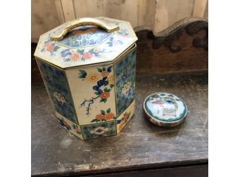 Vintage Asian Tin And Small Ceramic Dish With Lid