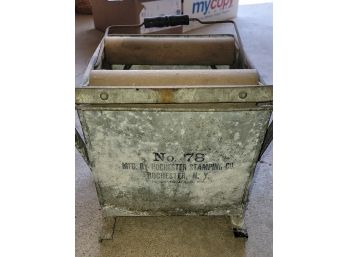 Antique Rochester Stamping Co. Galvanized Metal Bin With Rollers And Handle