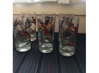 Set Of 6 Vintage Glasses With Colorful Pheasants