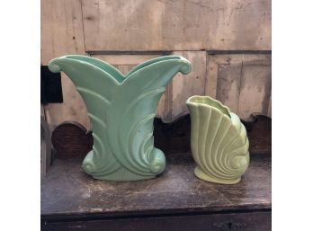 Set Of Two Vintage Pottery Vases In Green