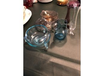 Handblown Blue Glass Pitcher And Other Glassware