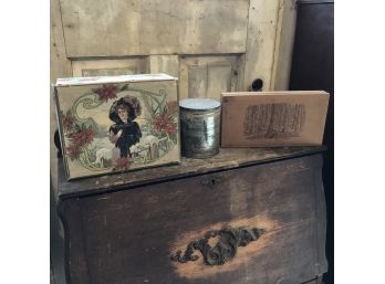 Vintage Hinged Lid Box, Coffee Canister  And Redwood Box
