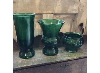 Set Of Three Green Glass Vases
