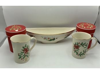 2 New Lenox Christmas Mugs & Stanford Sebring O  ~Christmas  Oblong Bowl ~