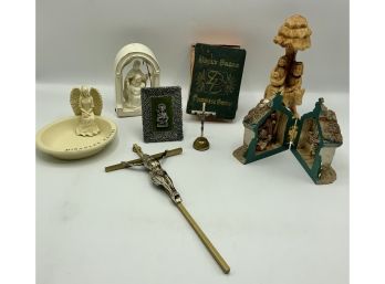 Religious Lot ~ Carved Wood Nativity, Vintage Daily Bread Promise Book & More ~