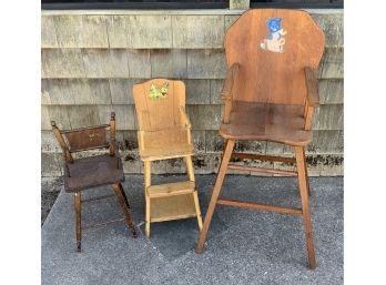 Vintage Childs Wood High Chair & 2 Doll Wood High Chairs