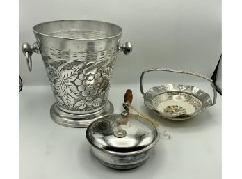 Aluminum  Candy Dish,  Ice Bucket & Silver Plate Silent Butler