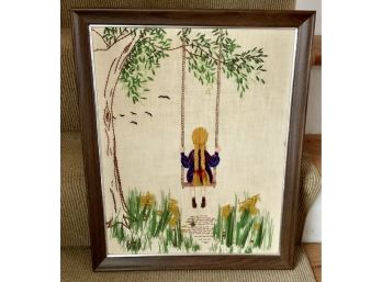 Framed Crewel Work ~ Girl On Swing ~