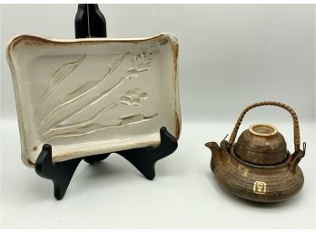 Pottery Teapot W/cup Japan & Signed Pottery Small Tray F Welch