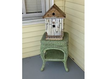 Green Wicker Side Table & Birdhouse