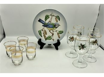 Goebel Bird Plate, 5 Bird Wine Glasses & More