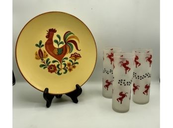 3 Mid Century Glasses & Rooster Plate