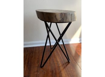 Wood Block Rustic Top Stool With Heavy Wrought Iron Legs