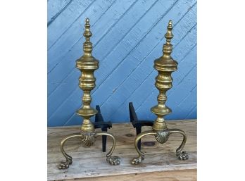 Pair Of Colonial Brass Iron Fireplace Andirons