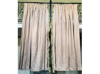 Pair Of Elegant Custom Made Damask Drapes With Heavy Fringe