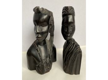 Set 2 Hand Carved African Ebony Wood Busts Sculptures