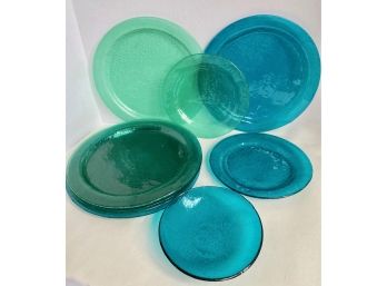 Vintage Textured Glass Plates & Bowl, 9 Pieces