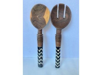 Handmade Wood Salad Servers Set Purchased On Trip To Ivory Coast, Africa