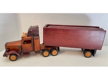 Vintage Solid Wood Semi Truck, Cargo Trailer With Box Compartment For Storage