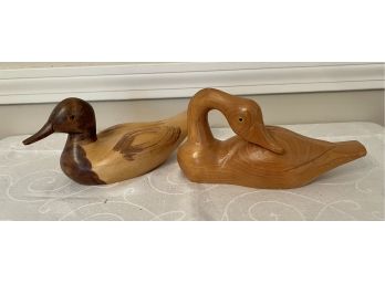 Pair Of Wooden Duck Statues With Glass Eyes