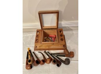 10 Vintage Pipes With Wooden Pipe Holder Box