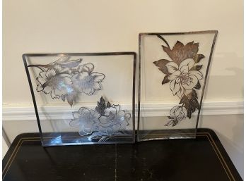 Vintage Silver Overlay Floral Art Deco Glass Trays