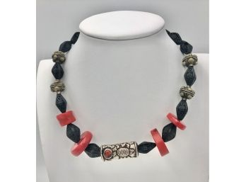 Tribal Turtle Choker Necklace With Coral/Black Beads