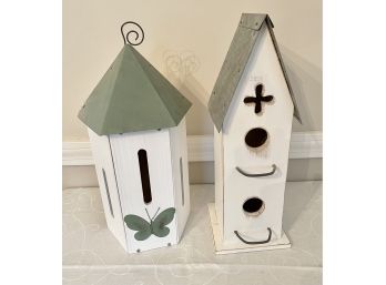 Pair Of White And Green Birdhouses