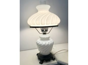 Large White Swirl Milk Glass Electric Hurricane Table Lamp