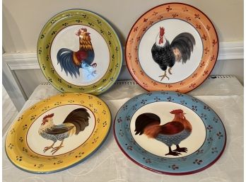 Four Rooster Dinner Plates Hand-painted By Milson Louis