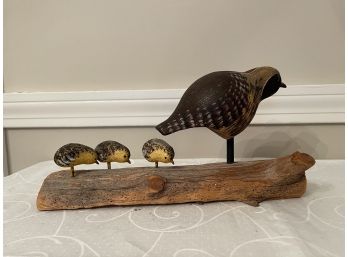 Richard Morgan Pen Signed Bird With 3 Chicks On Log