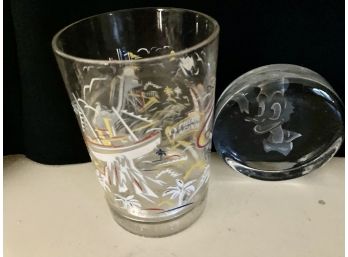 Walt Disney Daffy Duck Glass Paper Weight, And Goofy Dog Glass Cup