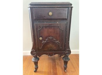 Antique Side Table With Wooden Wheels Marked 154 On The Bottom