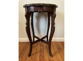 Vintage Victorian Style Carved Paint Stand With Inlaid Wood Design On The Top