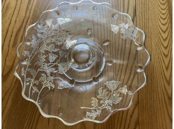 Beautiful Glass Plate Stand With Pretty Flower Etching