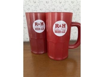 2 Red Glass Steins R&H Staten Island Beer-ale