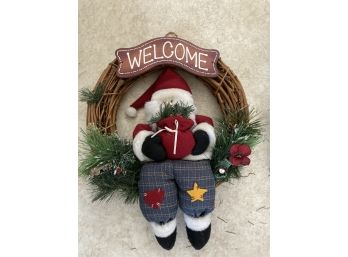 3 Christmas Wreaths Wooden Snowman Greetings, Wooden Swinging Santa Welcome And A Nice Gold Accent Wreath