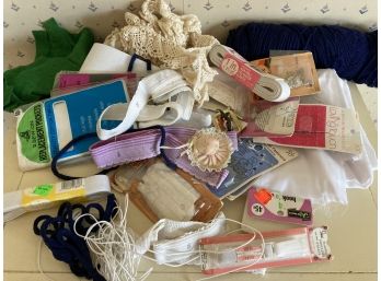 Sewing Lot Of Elastic, Lace, Snaps And Hooks Blue Yarn And More