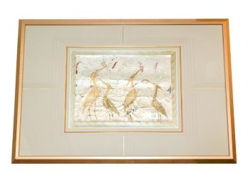 Hand Painted Textured Oversized Asian Painting Depicting Several Cranes