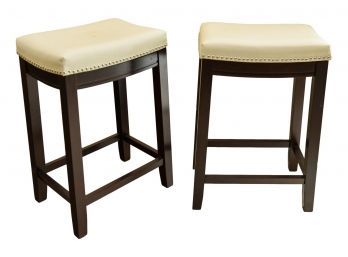 Pair Of Wood Stools With Nailhead Stud Trim