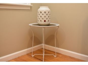 Metal Table, Beaded Placemat And Ceramic Candle Holder