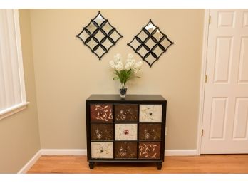 Triple Drawer Hand Painted Dresser, Vase With Faux Flowers, And Pair Of Wall Mirrors