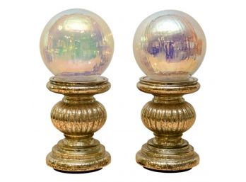 Pair Of Iridescent Sphere Battery Operated Lights On Gilt Pedestal Stands