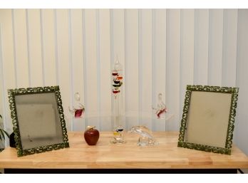 Pair Of Enamel Picture Frames, Galway Crystal Dolphin Figurine, Weather Thermometer And More