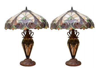 Pair Of Tiffany Style Victorian Design Stained Glass Table Lamps